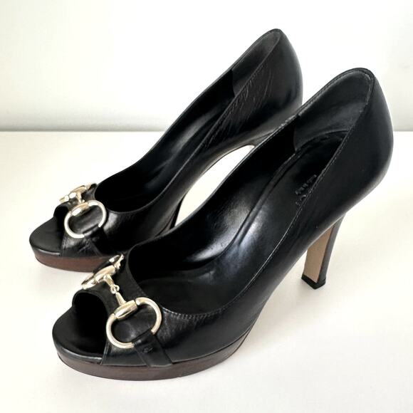 Gucci Classic Horsebit Black Leather Peep Toe Platform Heel Pumps Size 7 B - Picture 14 of 14